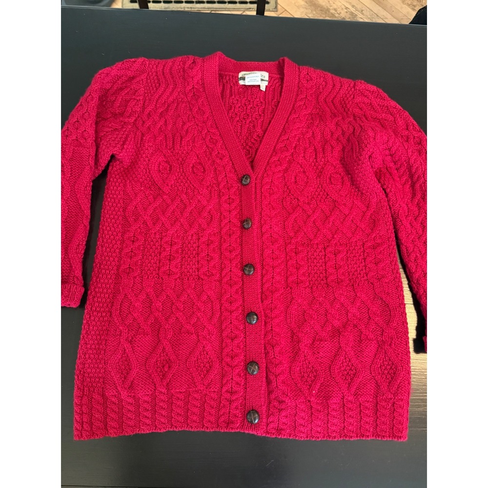 Aran Crafts Ireland Pink Merino Wool Cable Knit Cardigan Sweater Womens Large
